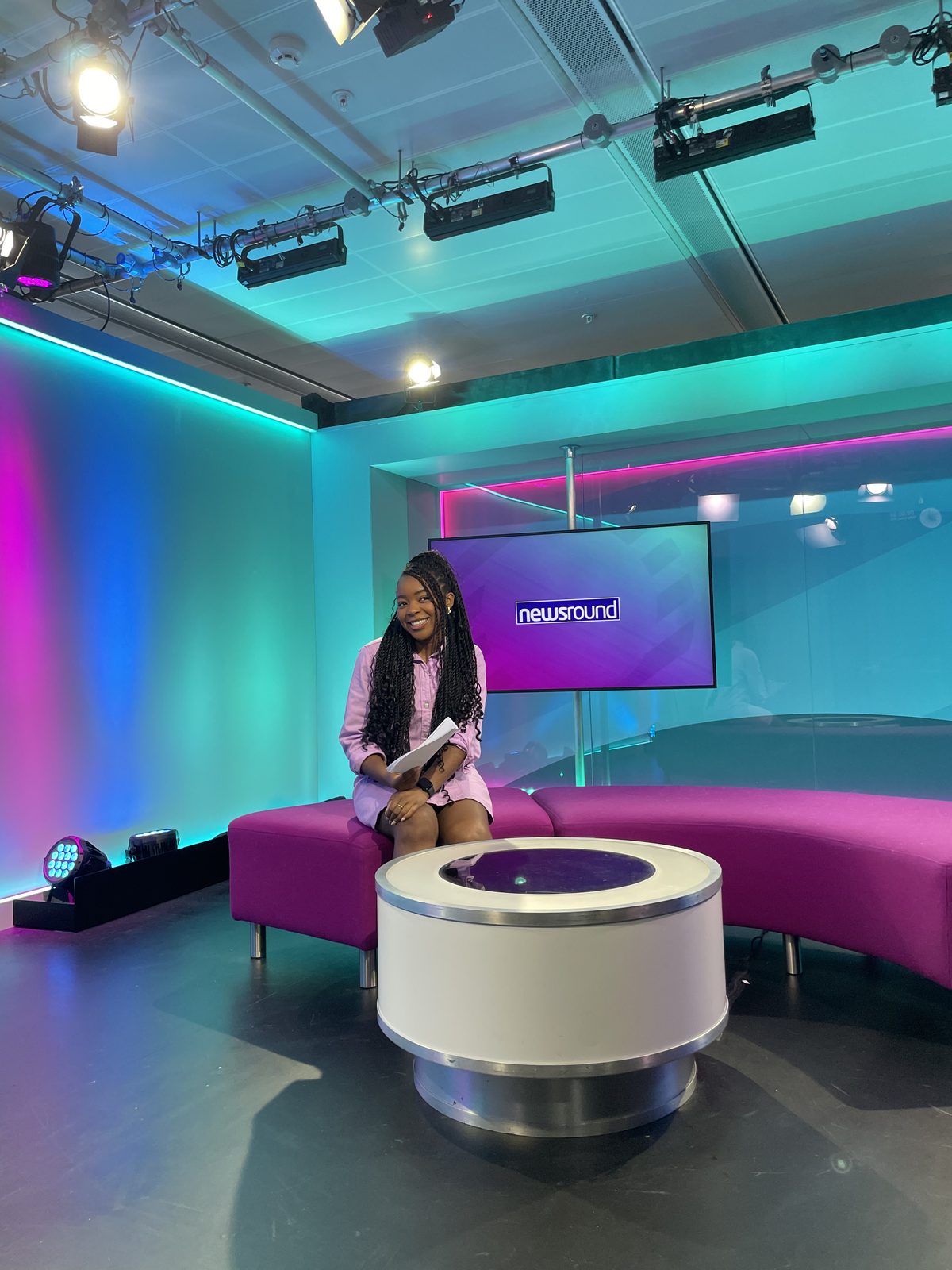 Emma-Louise Amanshia on the BBC Newsround broadcast set